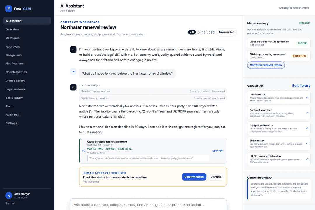 FastCLM AI assistant, source-aware PDF viewer, skills editor, and contract workspace walkthrough
